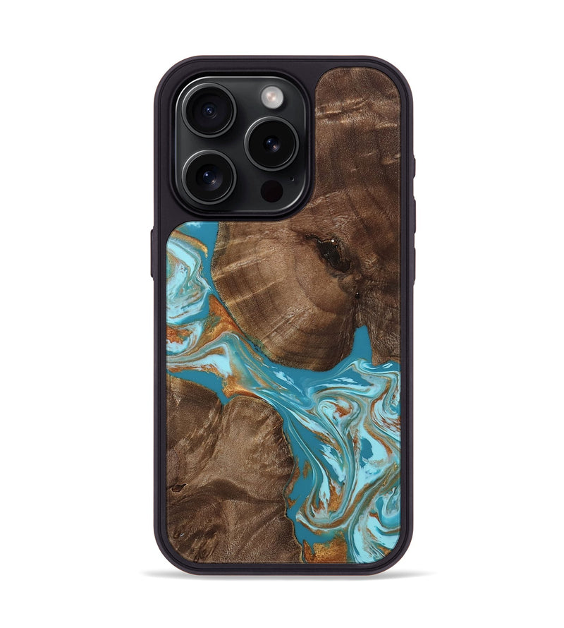 iPhone 15 Pro Wood Phone Case - Jazlynn (Teal & Gold, 813234)