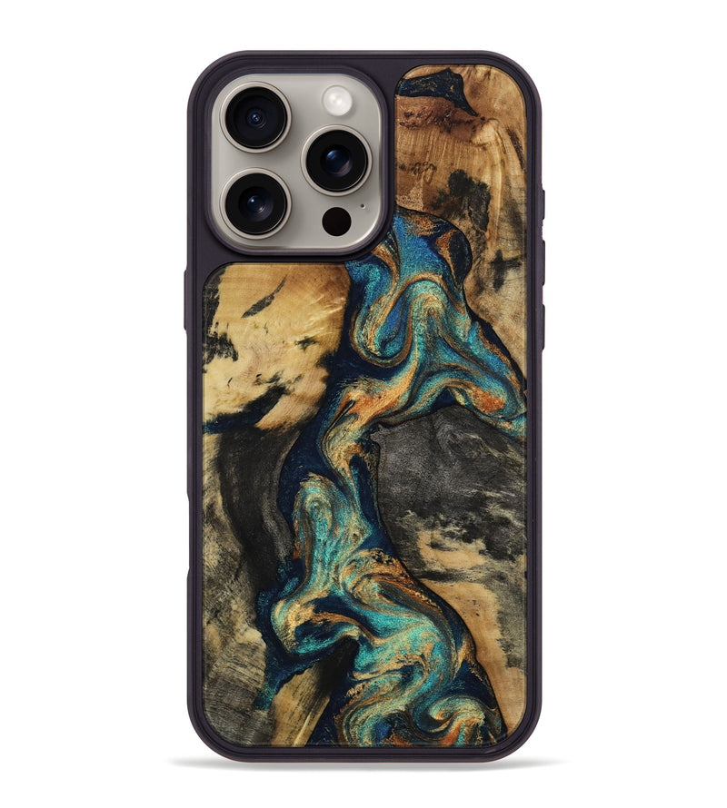 iPhone 16 Pro Max Wood Phone Case - Mame (Teal & Gold, 813238)