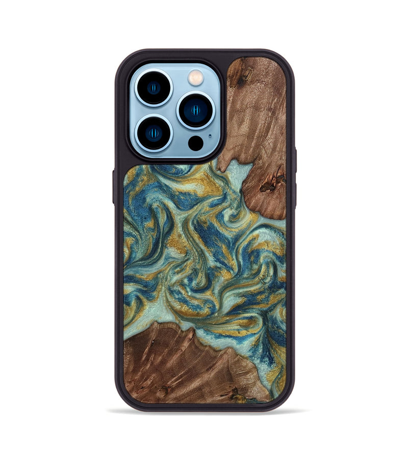 iPhone 14 Pro Wood Phone Case - Mariann (Teal & Gold, 813333)