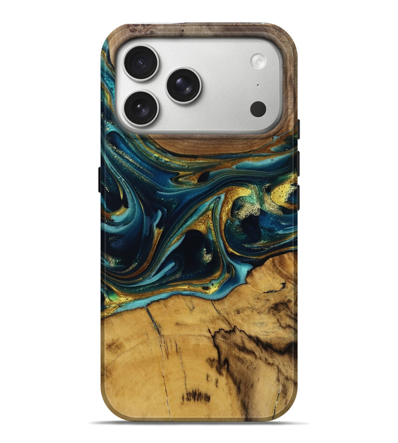 iPhone 17 Pro Max Wood Live Edge Phone Case - Fran (Teal & Gold, 813354)
