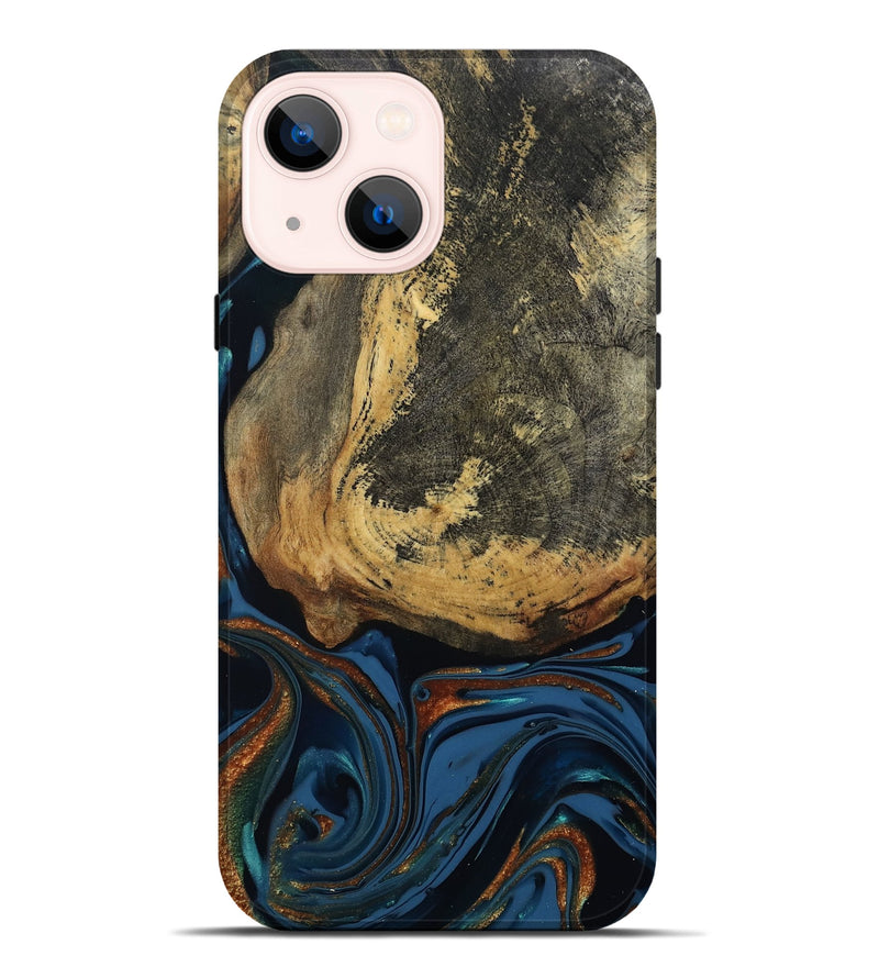 iPhone 14 Plus Wood Live Edge Phone Case - Renee (Teal & Gold, 813358)