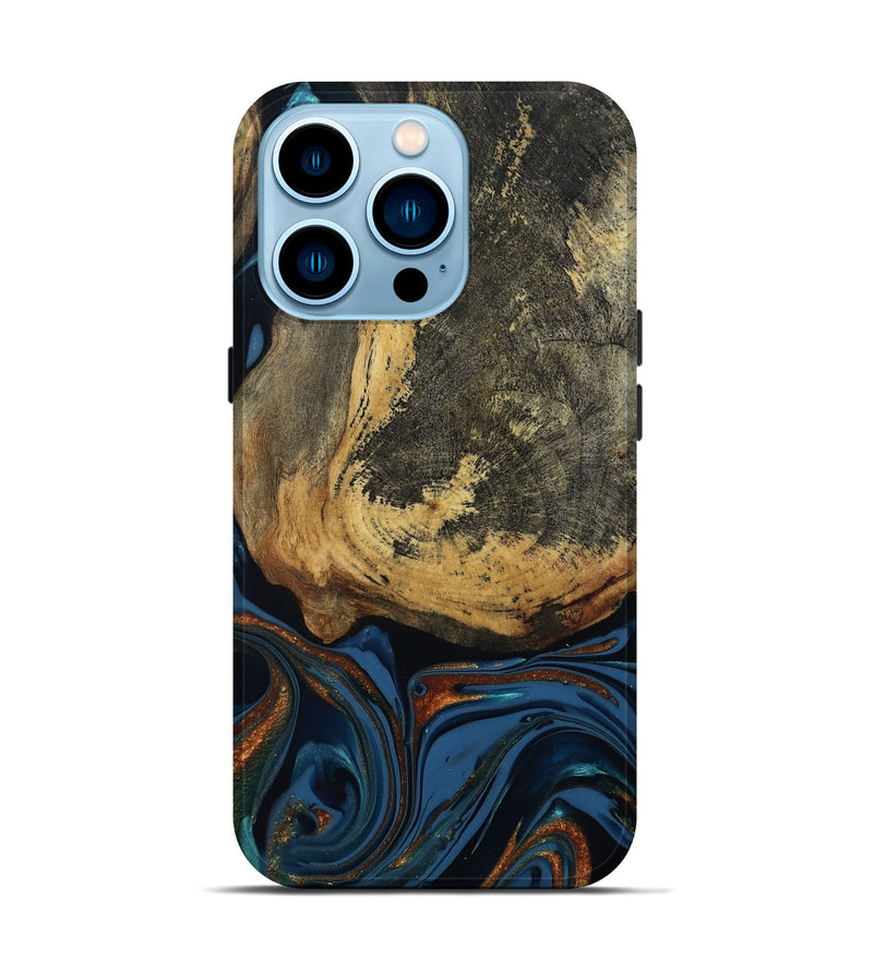 iPhone 14 Pro Wood Live Edge Phone Case - Renee (Teal & Gold, 813358)