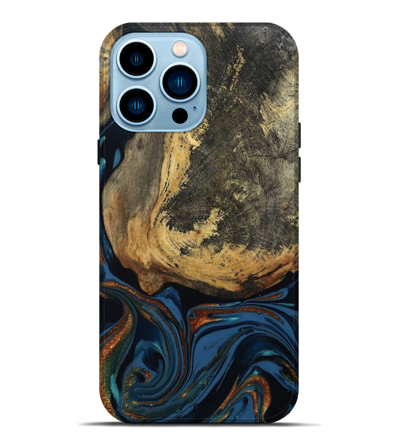iPhone 14 Pro Max Wood Live Edge Phone Case - Renee (Teal & Gold, 813358)
