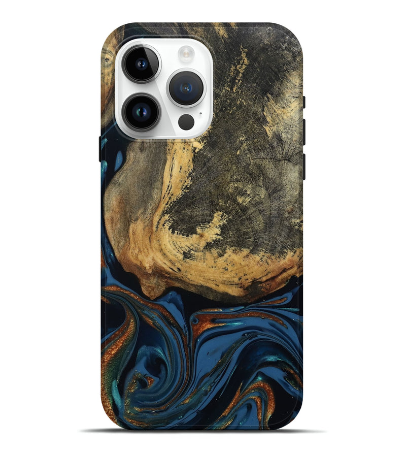 iPhone 15 Pro Max Wood Live Edge Phone Case - Renee (Teal & Gold, 813358)