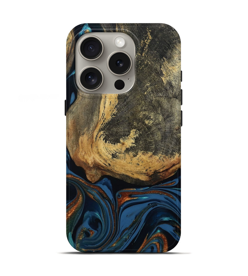 iPhone 16 Pro Wood Live Edge Phone Case - Renee (Teal & Gold, 813358)
