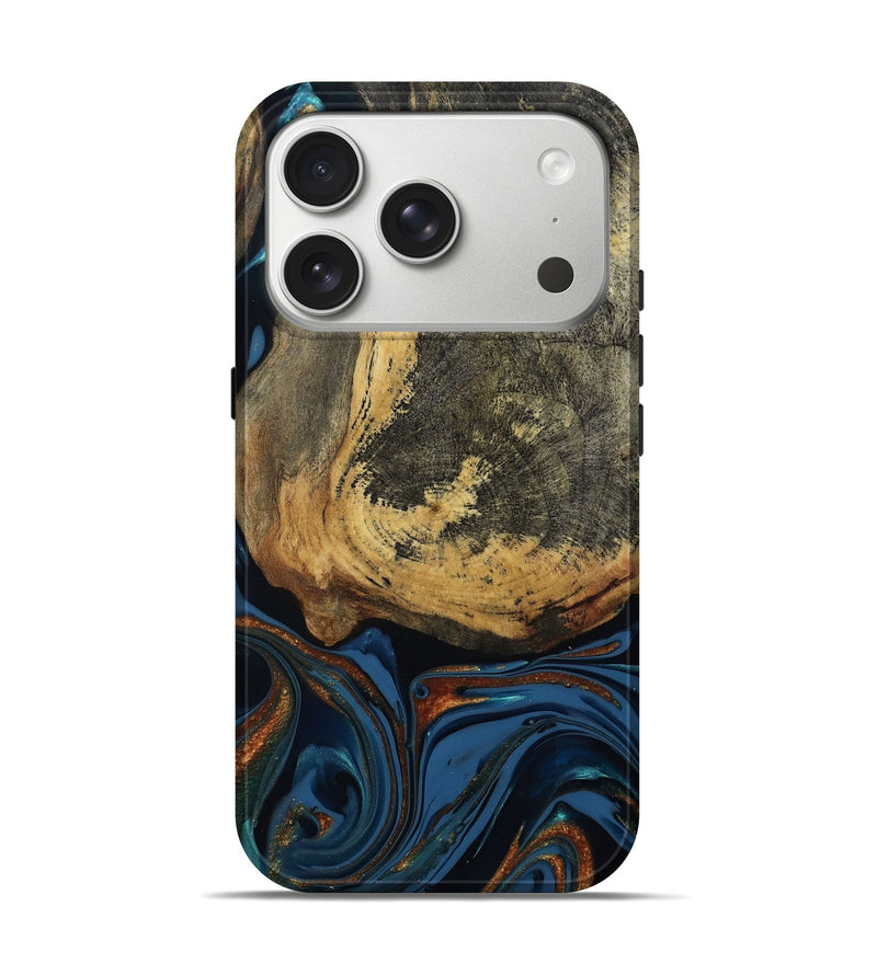 iPhone 17 Pro Wood Live Edge Phone Case - Renee (Teal & Gold, 813358)