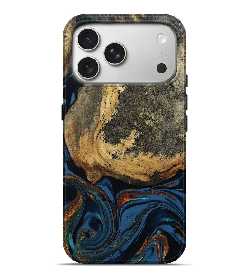 iPhone 17 Pro Max Wood Live Edge Phone Case - Renee (Teal & Gold, 813358)