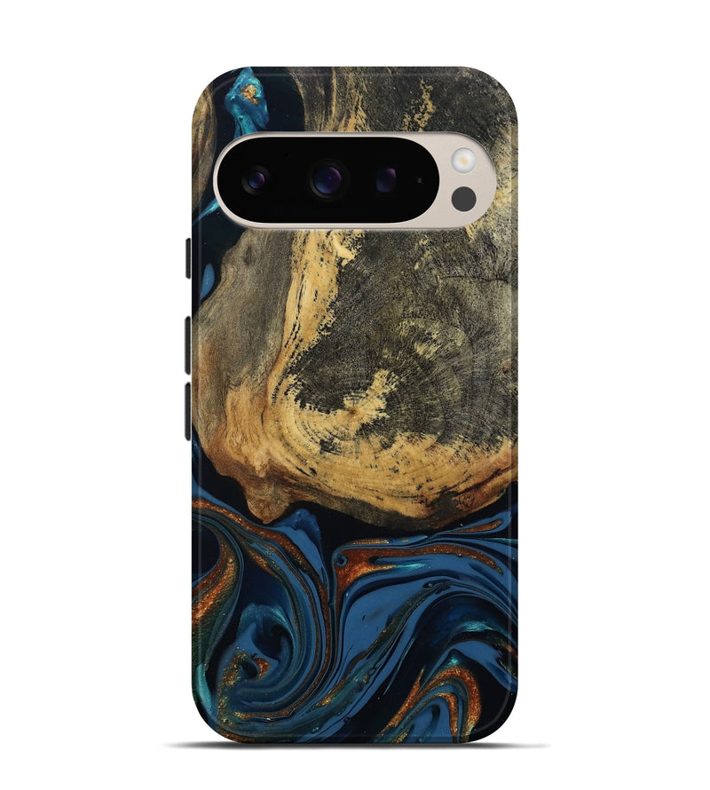 Pixel 9 Pro Wood Live Edge Phone Case - Renee (Teal & Gold, 813358)