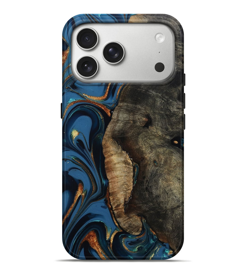 iPhone 17 Pro Max Wood Live Edge Phone Case - Rosetta (Teal & Gold, 813364)