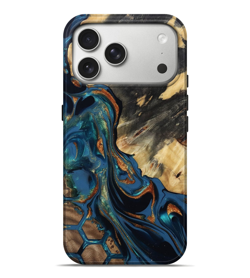 iPhone 17 Pro Max Wood Live Edge Phone Case - Aliza (Teal & Gold, 813365)