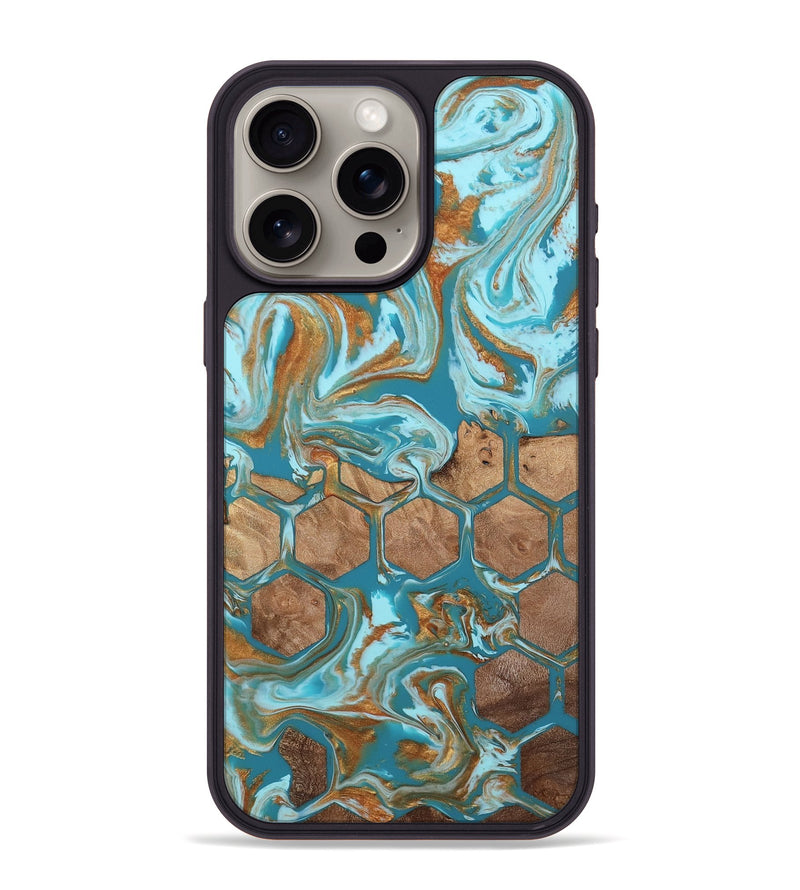 iPhone 15 Pro Max Wood Phone Case - Lorine (Teal & Gold, 813402)