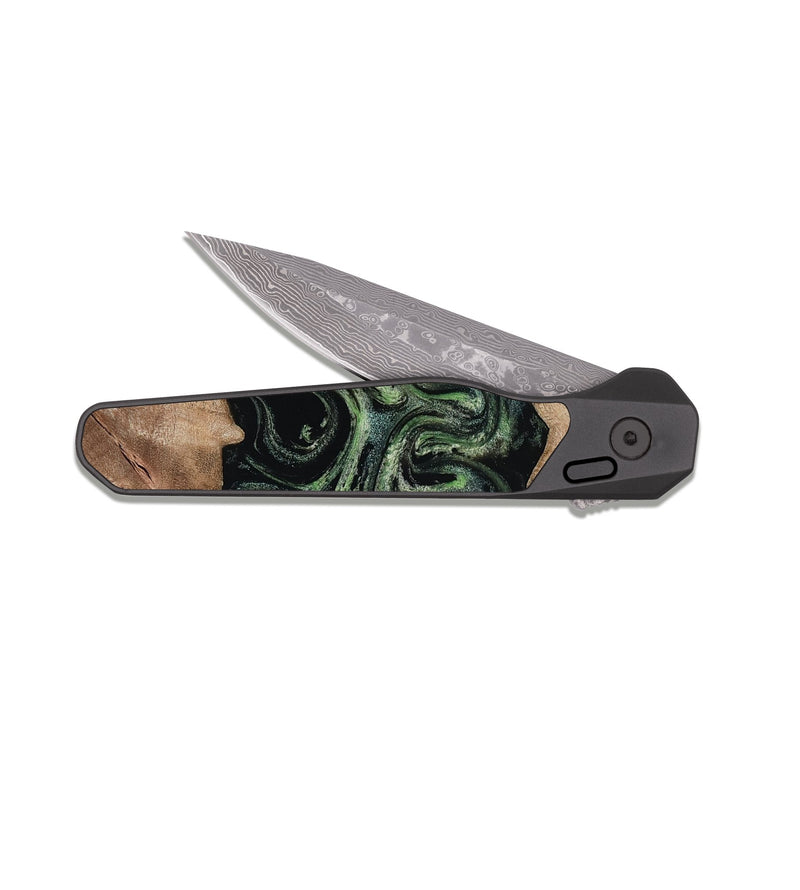 EDC Dark Damascus Wood Pocket Knife - Carlee (Green, 813476)
