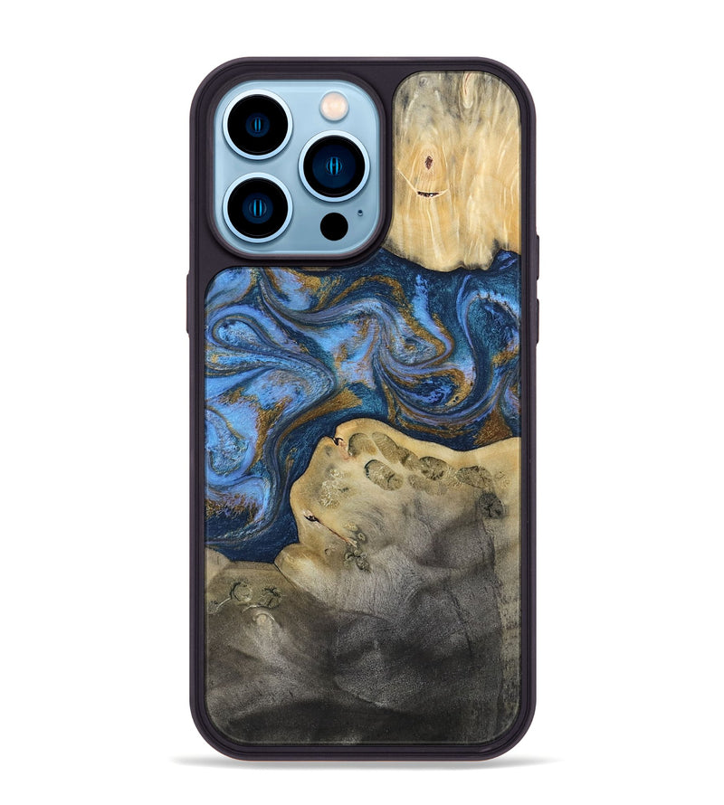 iPhone 14 Pro Max Wood Phone Case - Stephan (Teal & Gold, 813625)