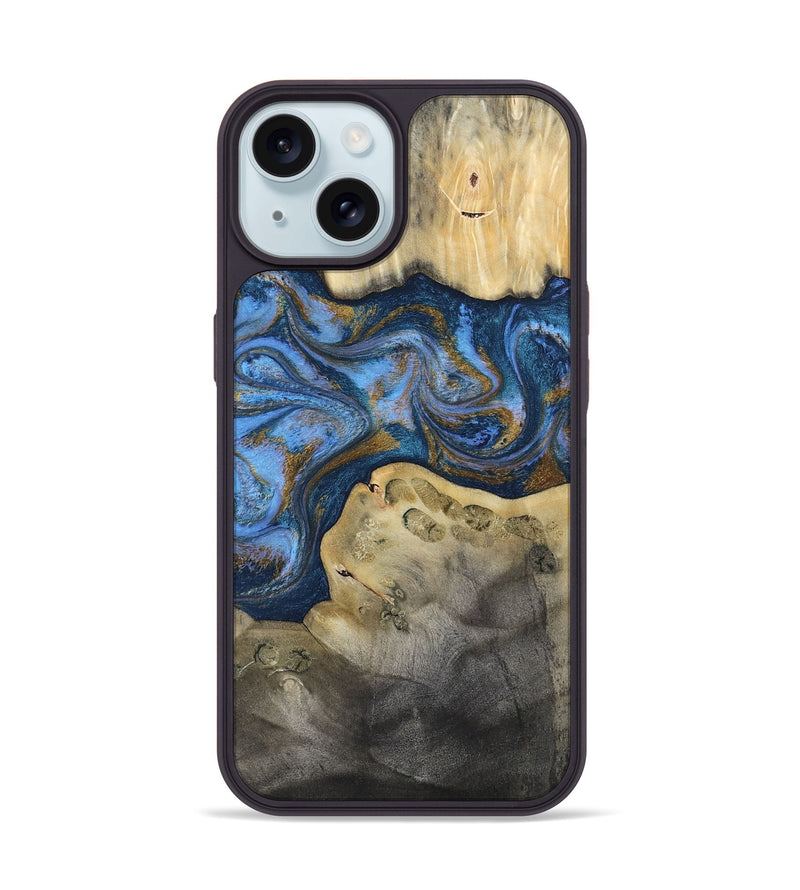 iPhone 15 Wood Phone Case - Stephan (Teal & Gold, 813625)