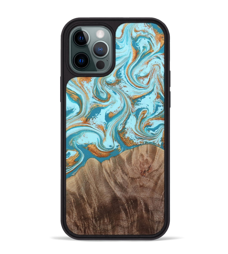 iPhone 12 Pro Max Wood Phone Case - Kylian (Teal & Gold, 813903)
