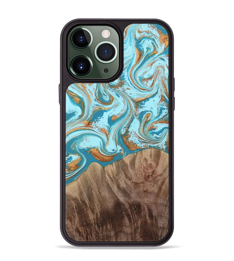 iPhone 13 Pro Max Wood Phone Case - Kylian (Teal & Gold, 813903)