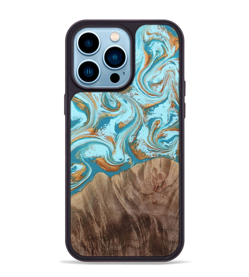 iPhone 14 Pro Max Wood Phone Case - Kylian (Teal & Gold, 813903)