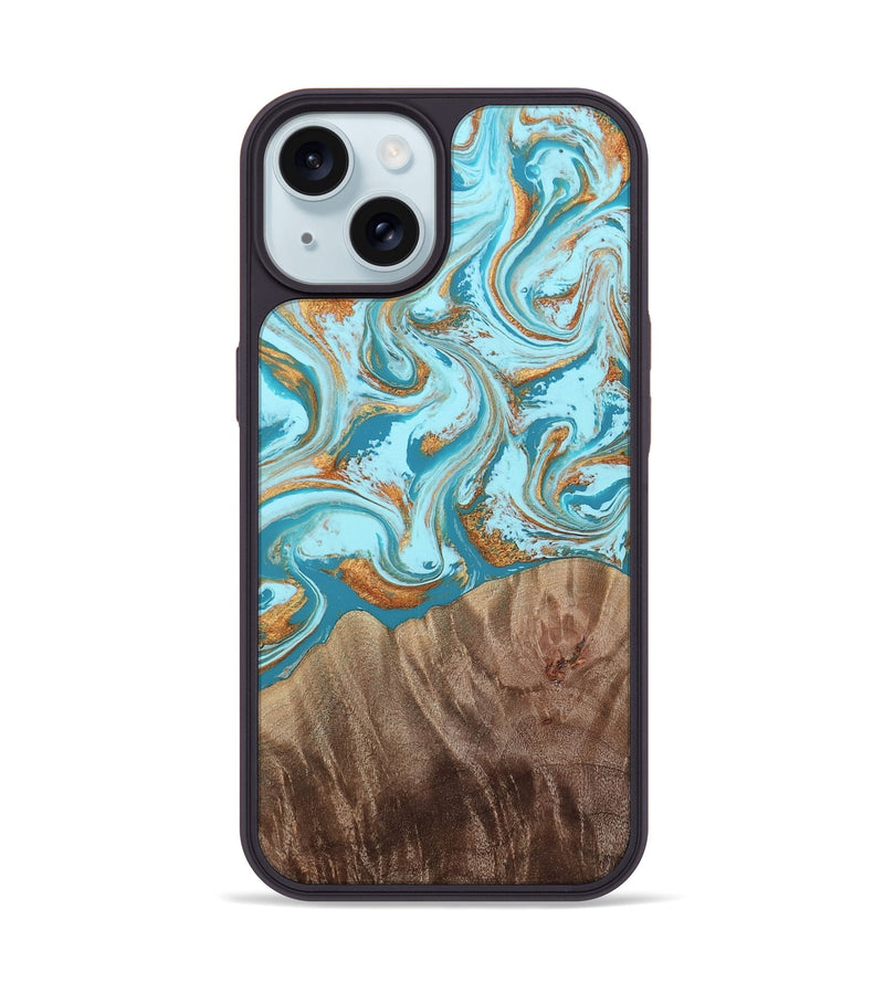 iPhone 15 Wood Phone Case - Kylian (Teal & Gold, 813903)