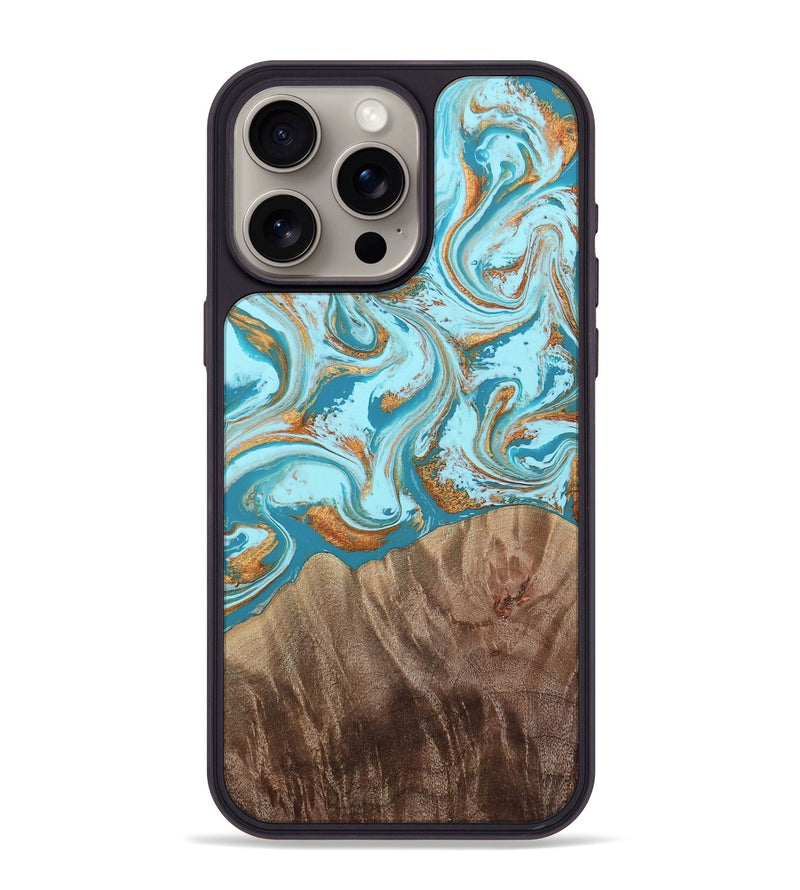 iPhone 15 Pro Max Wood Phone Case - Kylian (Teal & Gold, 813903)