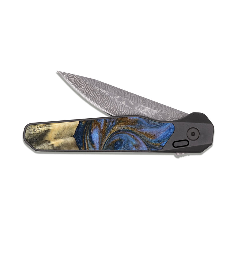 EDC Dark Damascus Wood Pocket Knife - Florine (Teal & Gold, 813923)