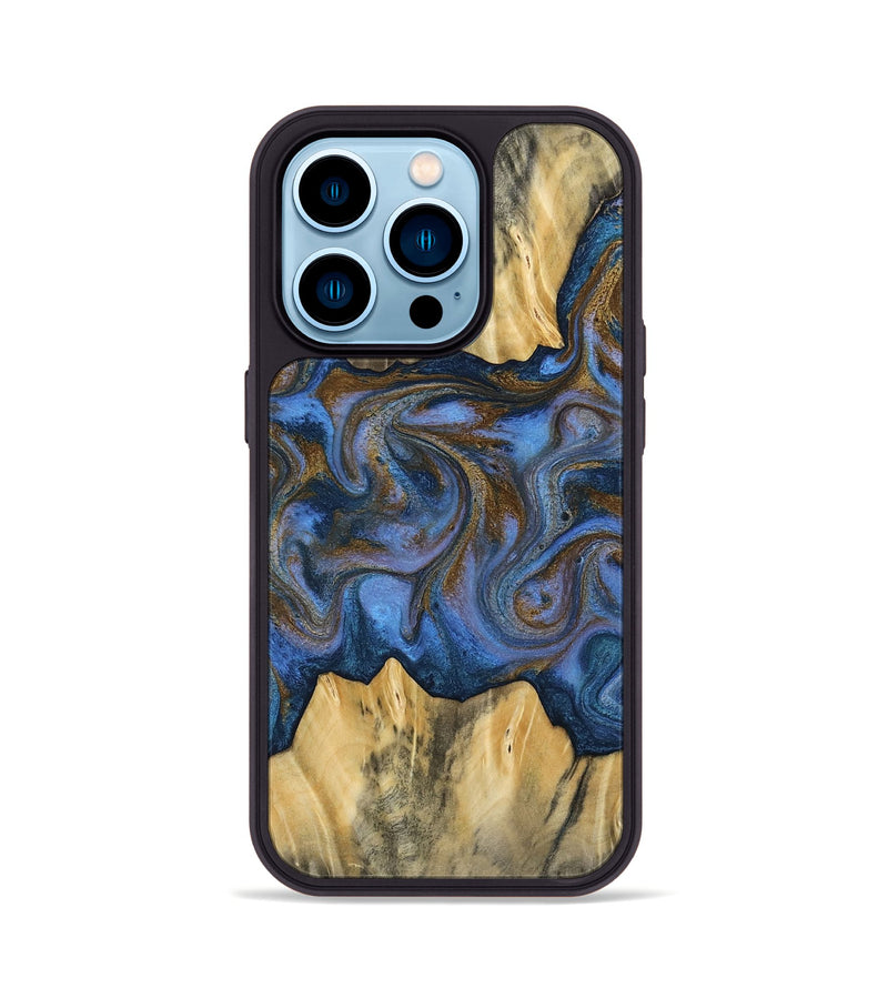 iPhone 14 Pro Wood Phone Case - Florine (Teal & Gold, 813923)
