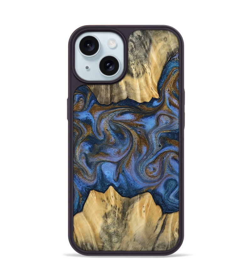 iPhone 15 Wood Phone Case - Florine (Teal & Gold, 813923)