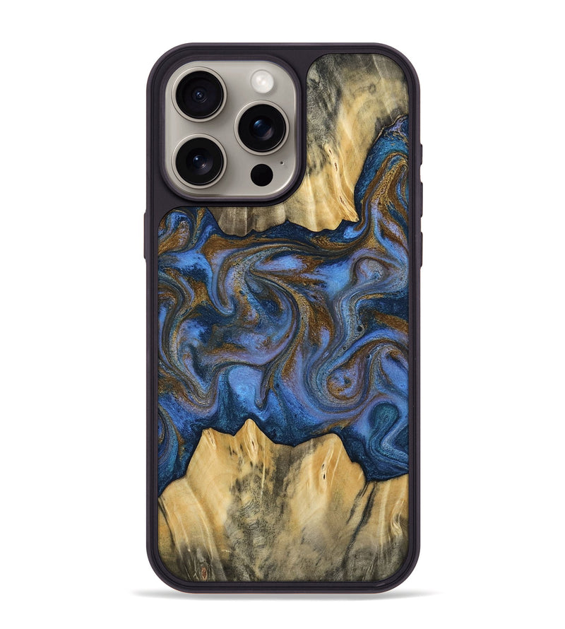 iPhone 15 Pro Max Wood Phone Case - Florine (Teal & Gold, 813923)
