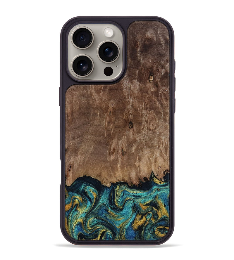 iPhone 16 Pro Max Wood Phone Case - Reanna (Teal & Gold, 813927)