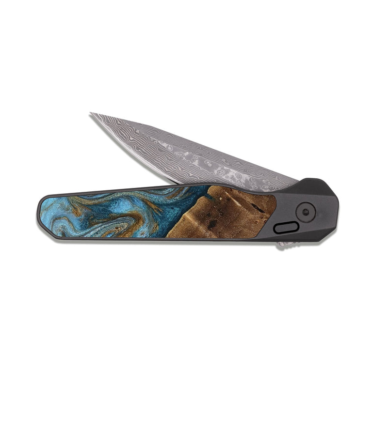 EDC Dark Damascus Wood Pocket Knife - Vena (Teal & Gold, 813929)