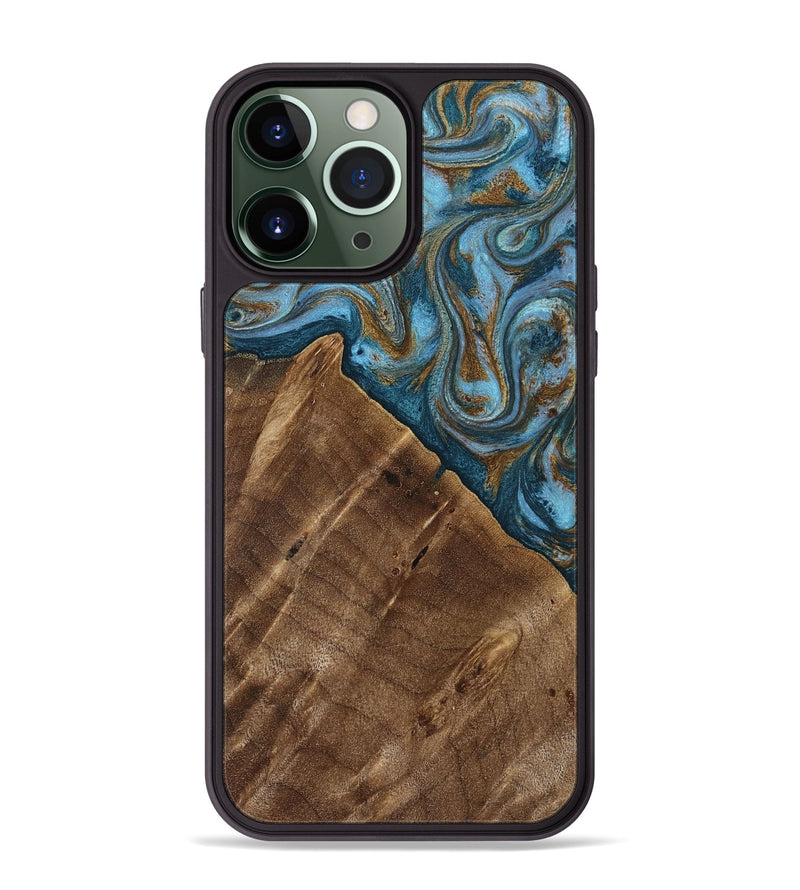 iPhone 13 Pro Max Wood Phone Case - Vena (Teal & Gold, 813929)