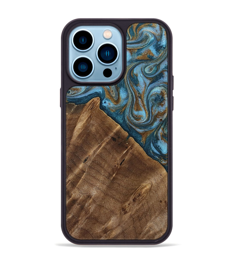 iPhone 14 Pro Max Wood Phone Case - Vena (Teal & Gold, 813929)