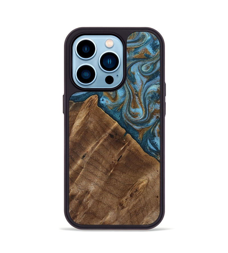 iPhone 14 Pro Wood Phone Case - Vena (Teal & Gold, 813929)