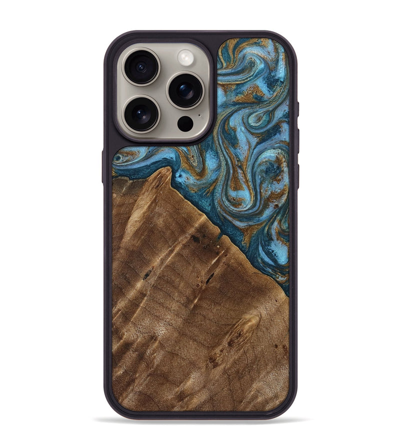 iPhone 15 Pro Max Wood Phone Case - Vena (Teal & Gold, 813929)