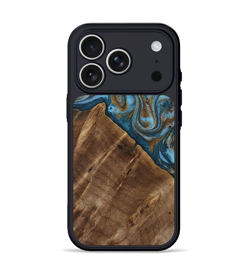 iPhone 17 Pro Wood Phone Case - Vena (Teal & Gold, 813929)