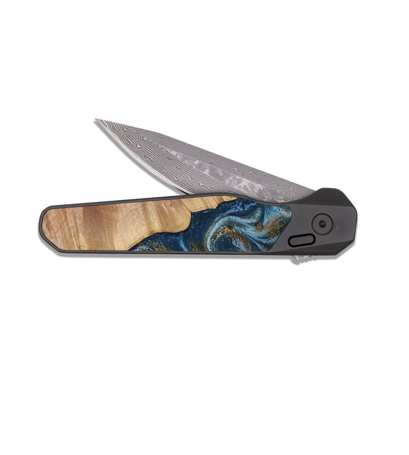 EDC Dark Damascus Wood Pocket Knife - Lelia (Teal & Gold, 813932)