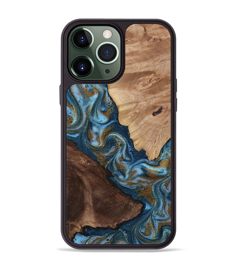 iPhone 13 Pro Max Wood Phone Case - Lelia (Teal & Gold, 813932)