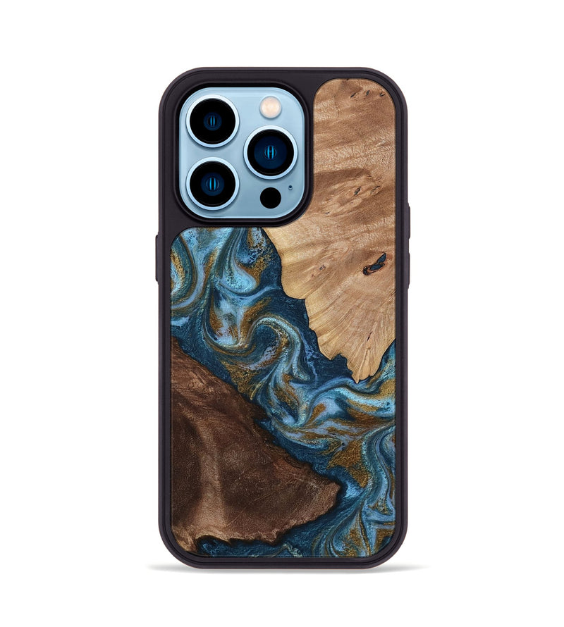 iPhone 14 Pro Wood Phone Case - Lelia (Teal & Gold, 813932)