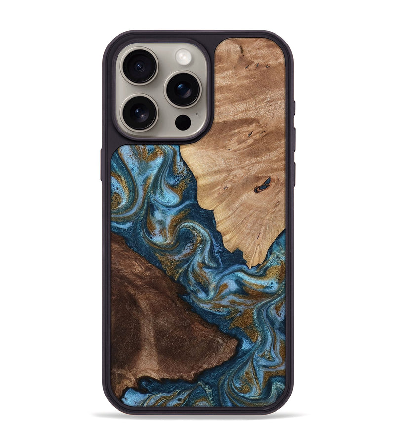 iPhone 15 Pro Max Wood Phone Case - Lelia (Teal & Gold, 813932)