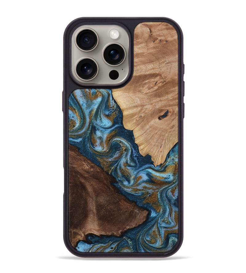 iPhone 16 Pro Max Wood Phone Case - Lelia (Teal & Gold, 813932)