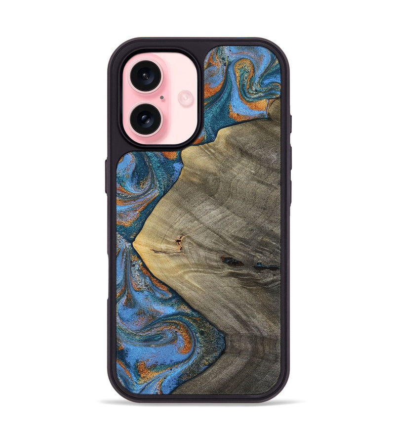 iPhone 16 Wood Phone Case - Waverly (Teal & Gold, 813933)