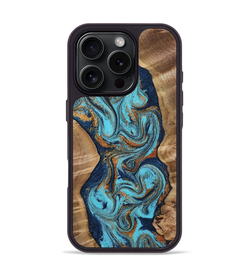 iPhone 16 Pro Wood Phone Case - Heidy (Teal & Gold, 813954)