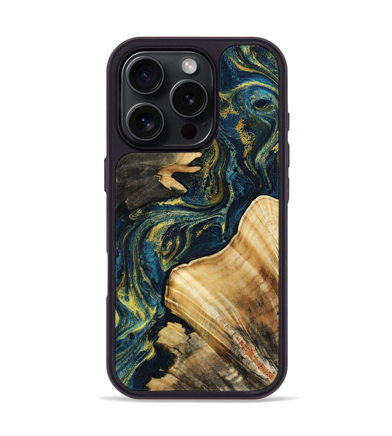 iPhone 16 Pro Wood Phone Case - Damian (Teal & Gold, 813956)