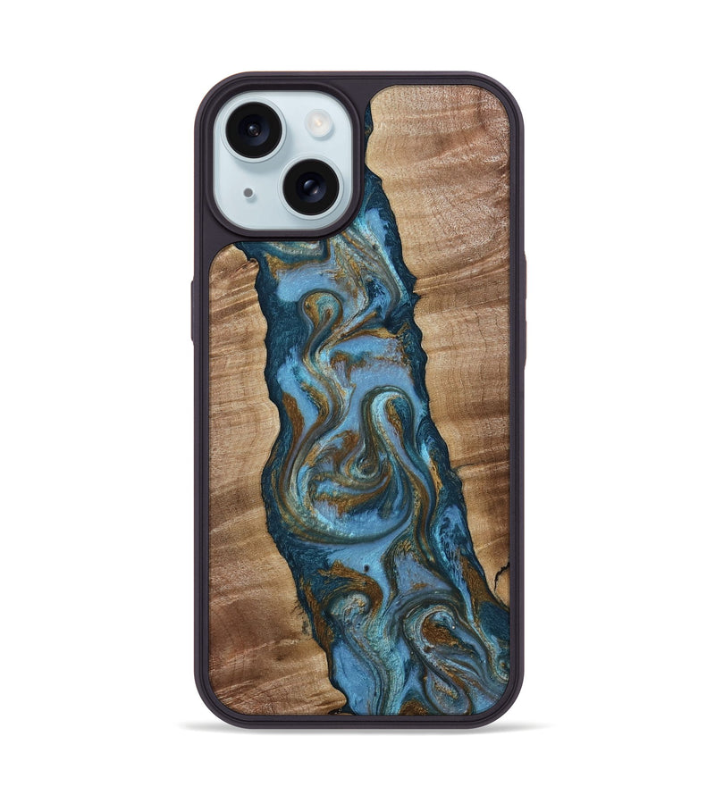 iPhone 15 Wood Phone Case - Milford (Teal & Gold, 814111)
