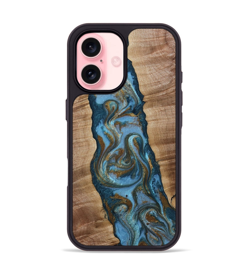 iPhone 16 Wood Phone Case - Milford (Teal & Gold, 814111)