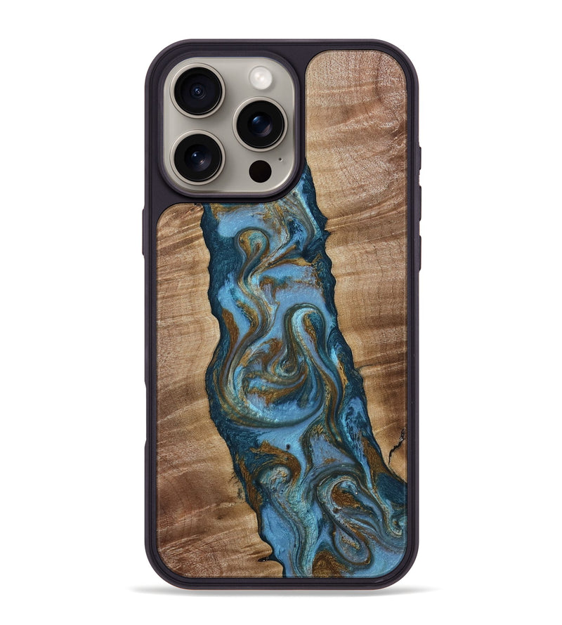 iPhone 16 Pro Max Wood Phone Case - Milford (Teal & Gold, 814111)