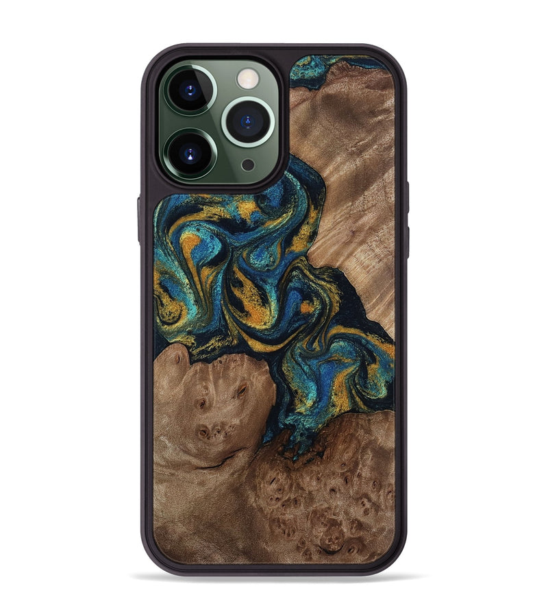 iPhone 13 Pro Max Wood Phone Case - Mariela (Teal & Gold, 814113)