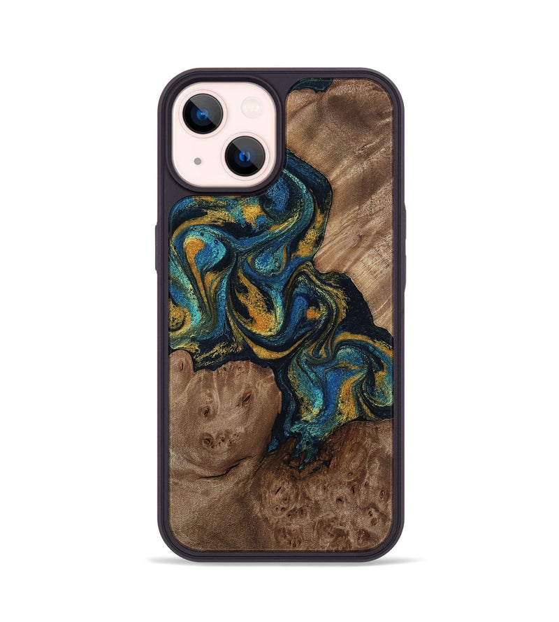 iPhone 14 Wood Phone Case - Mariela (Teal & Gold, 814113)