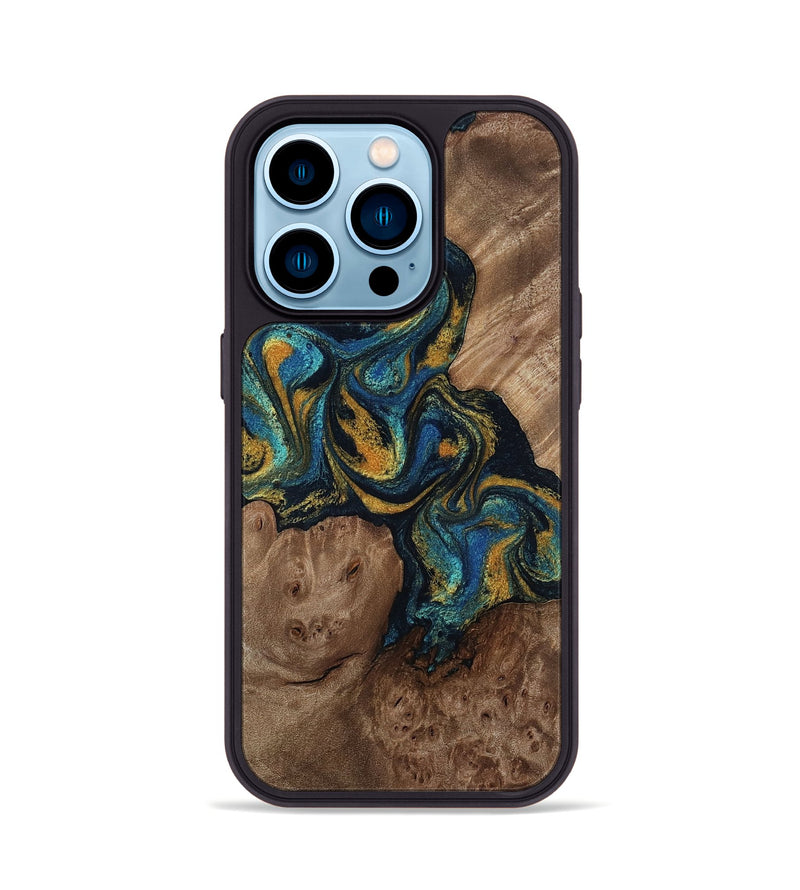 iPhone 14 Pro Wood Phone Case - Mariela (Teal & Gold, 814113)