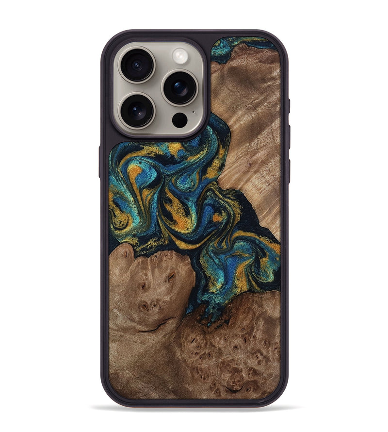 iPhone 15 Pro Max Wood Phone Case - Mariela (Teal & Gold, 814113)