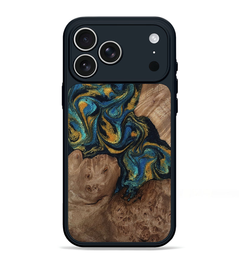 iPhone 17 Pro Max Wood Phone Case - Mariela (Teal & Gold, 814113)